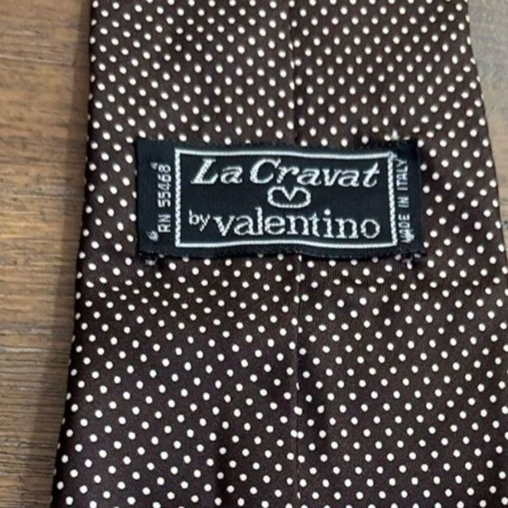 Vintage Valentino La Cravat Silk Tie Chocolate Brown White Polka Dot RN 55468 - Picture 3 of 5